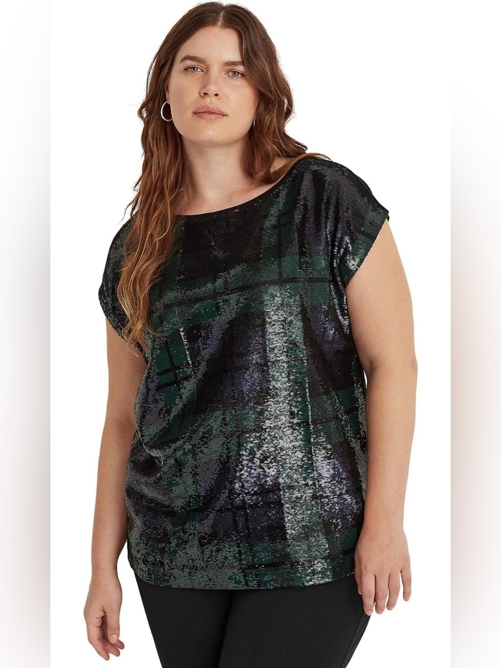 Lauren Ralph Lauren Sequined Plaid Cotton-Blend Tee, Green/Black, Size XXL, NWT